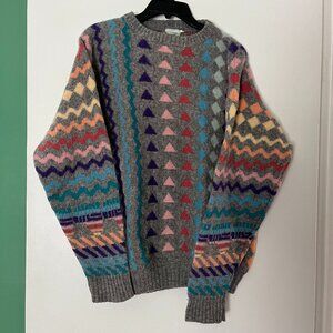 Grey Geometric Colorful Knit Sweater 100% Shetland Landswool